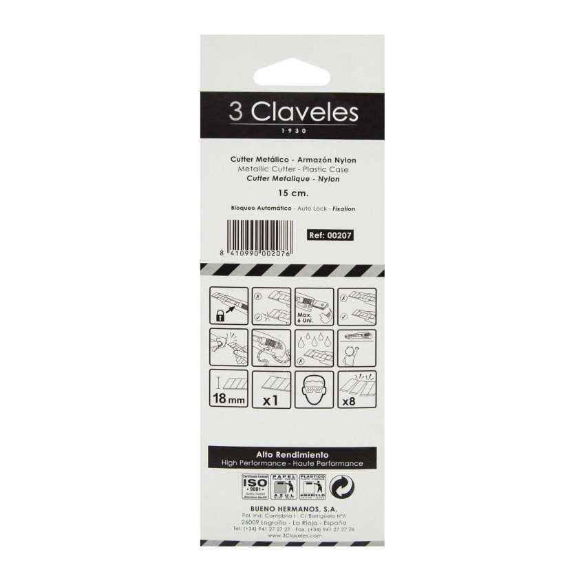 Cúter metálico con cuchilla de 25 mm y seguro - 3 Claveles 208