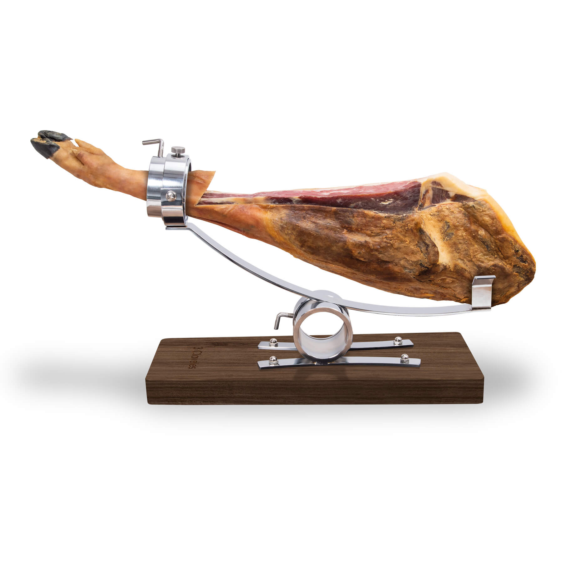 Jamón en soporte jamonero 3Claveles con pezuña hacia arriba