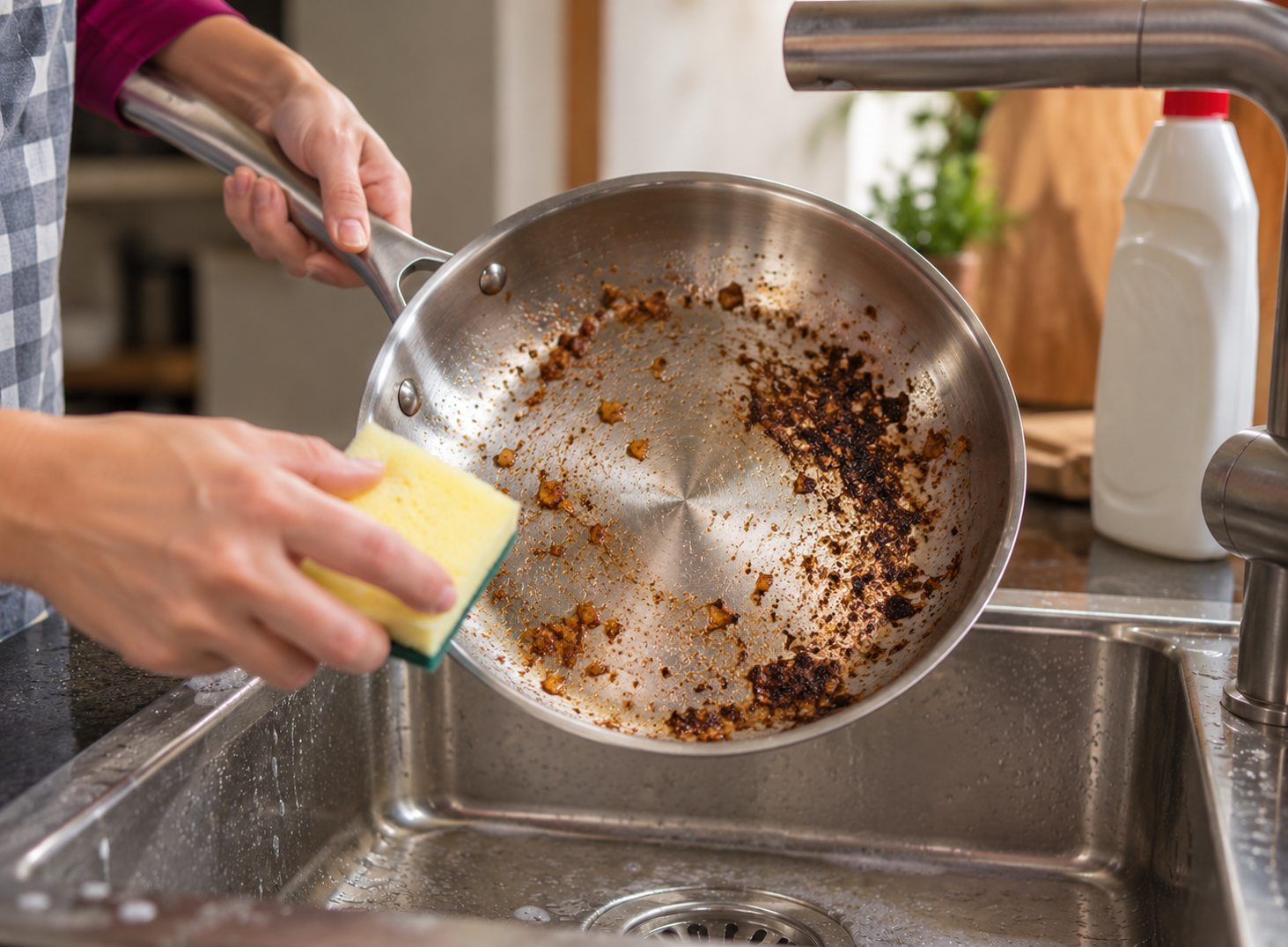 limpieza de sarten de acero inoxidable con restos de comida